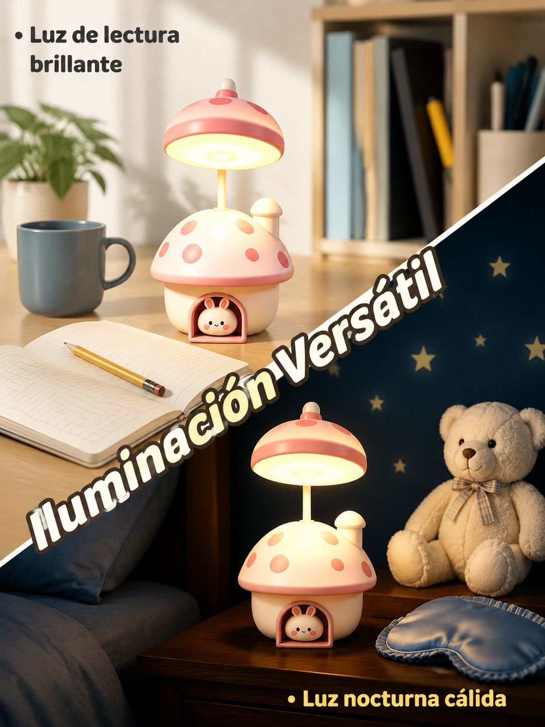 Lámpara de escritorio mini conejo casa de hongo recargable por USB multifuncional para lectura