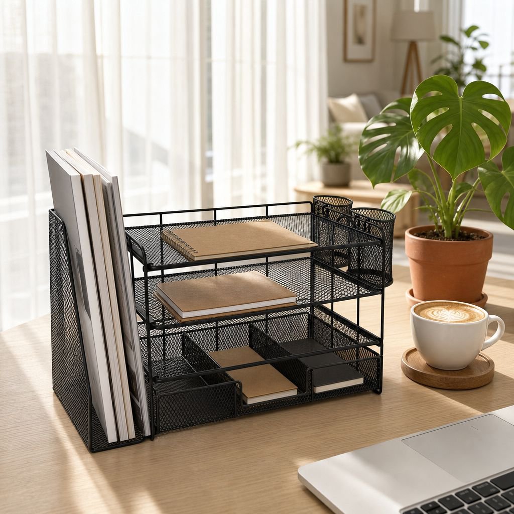 Black office desk organizer with four compartments