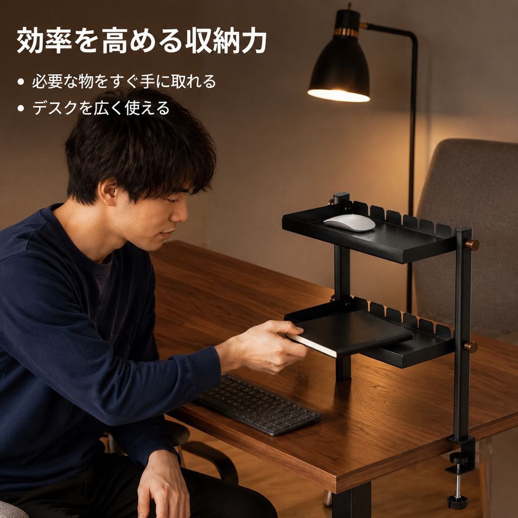 デスク用クランプ式二層収納棚 穴あけ不要 折りたたみトレー パンチングボード＆フック両用 オフィス机省スペース ブラック