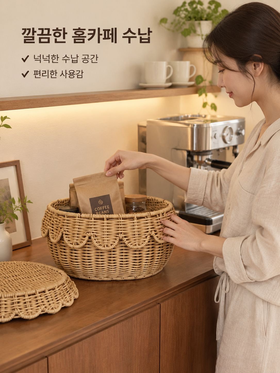 뚜껑이 있는 라탄 수납 바구니