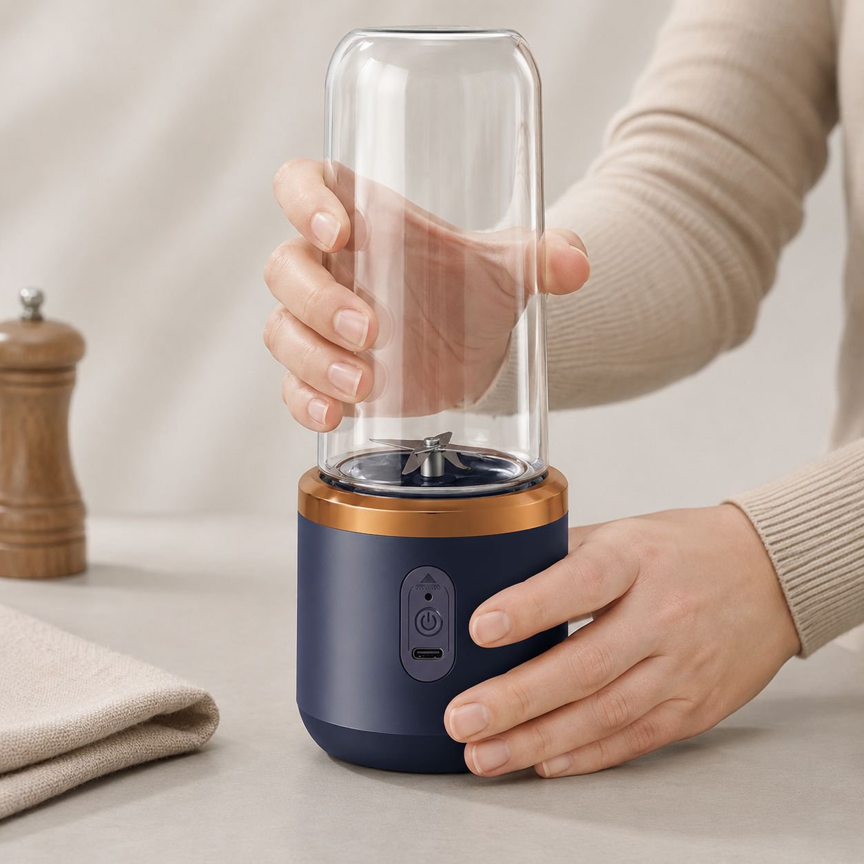 Powerful motor of portable juicer blending fruits