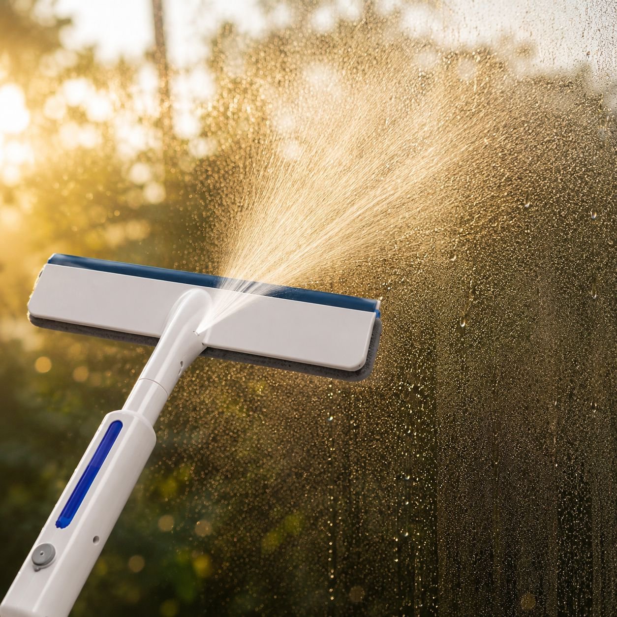 Extended handle window cleaner with integrated spray function