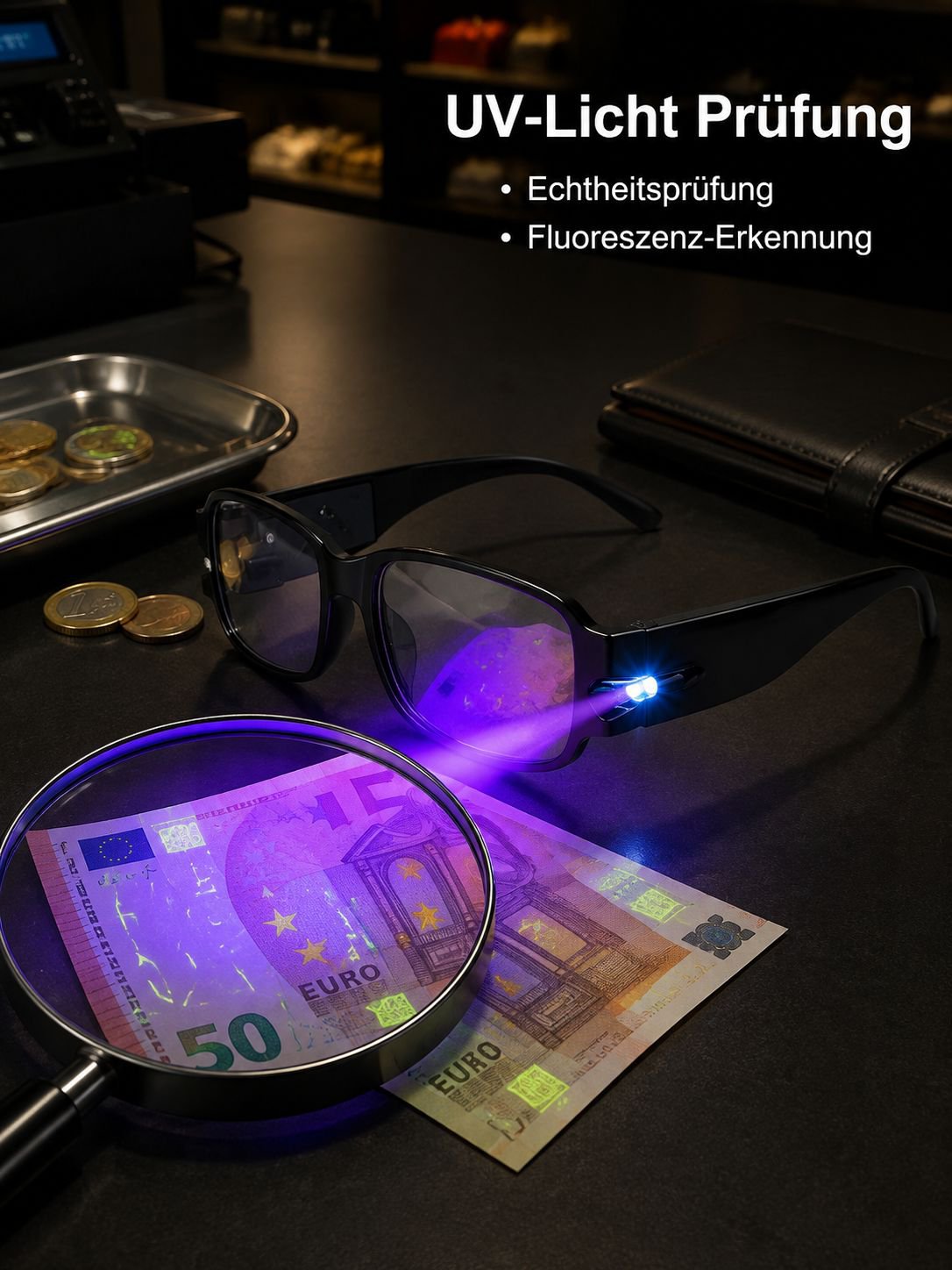 Night Vision LED Magnifying Glasses with UV Protection and Banknote Verification Function for Optica