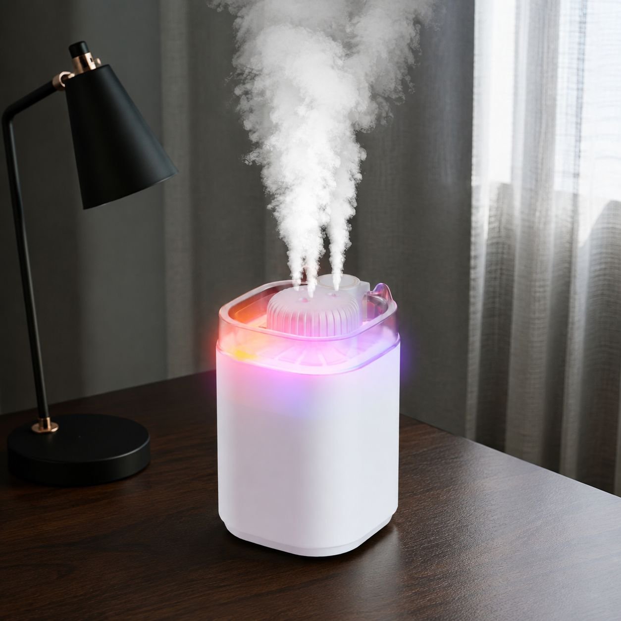 Modern Colorful Ambient Lamp Large Humidifier Triple Nozzle Efficient Sprayer