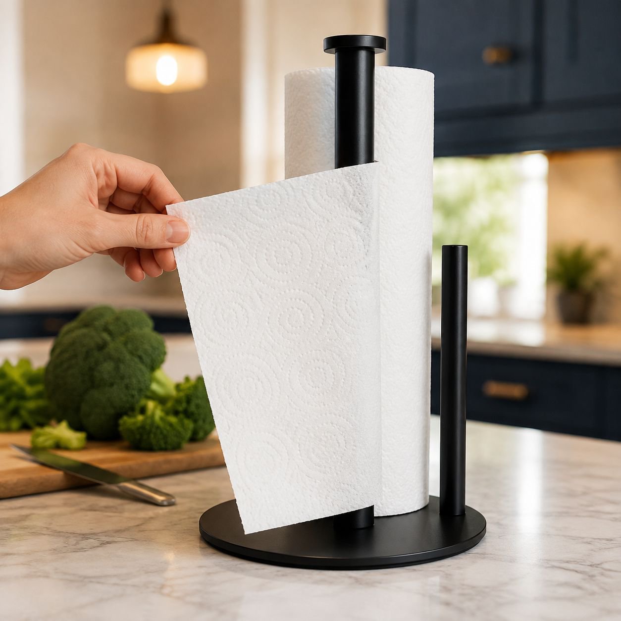 Close-up of stainless steel paper towel holder with roll