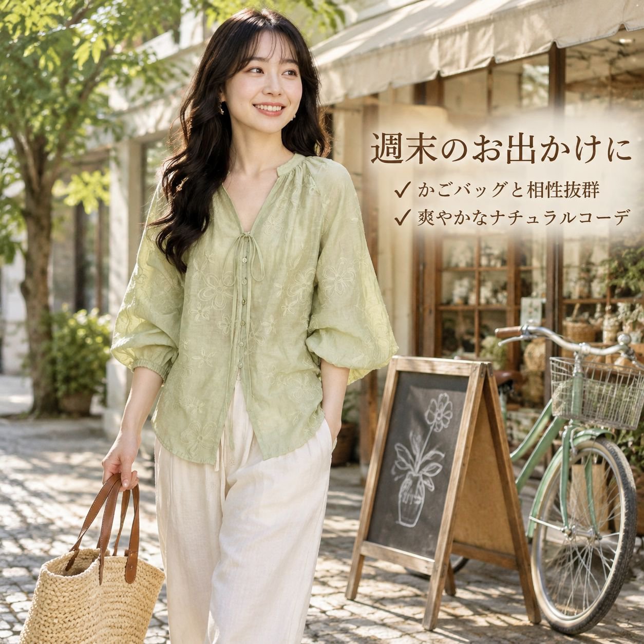 フレンチグリーン花柄刺繍バルーンスリーブトップス レディース
