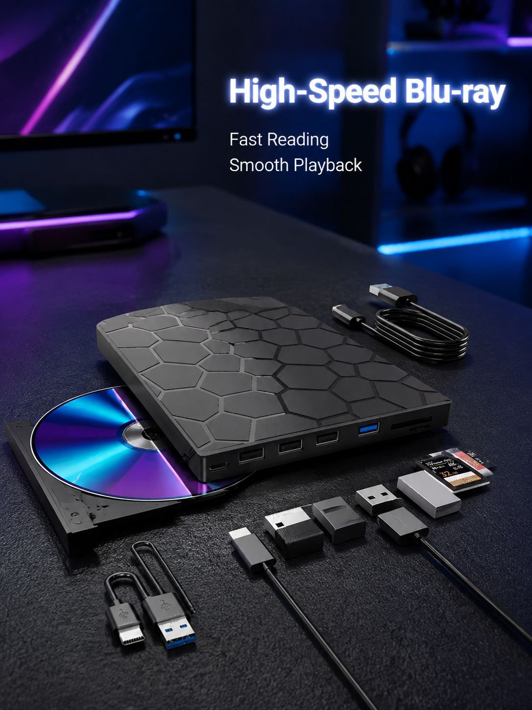 USB Multifunctional External Optical Drive with SD/TF Card Reader and Type-C Blu-ray Burner