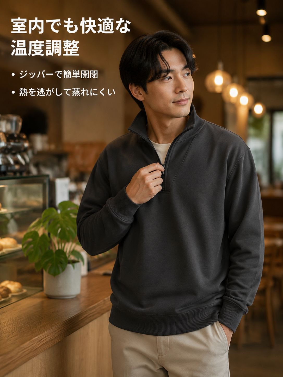 春秋向けメンズスタンドカラースウェットシャツ正面写真