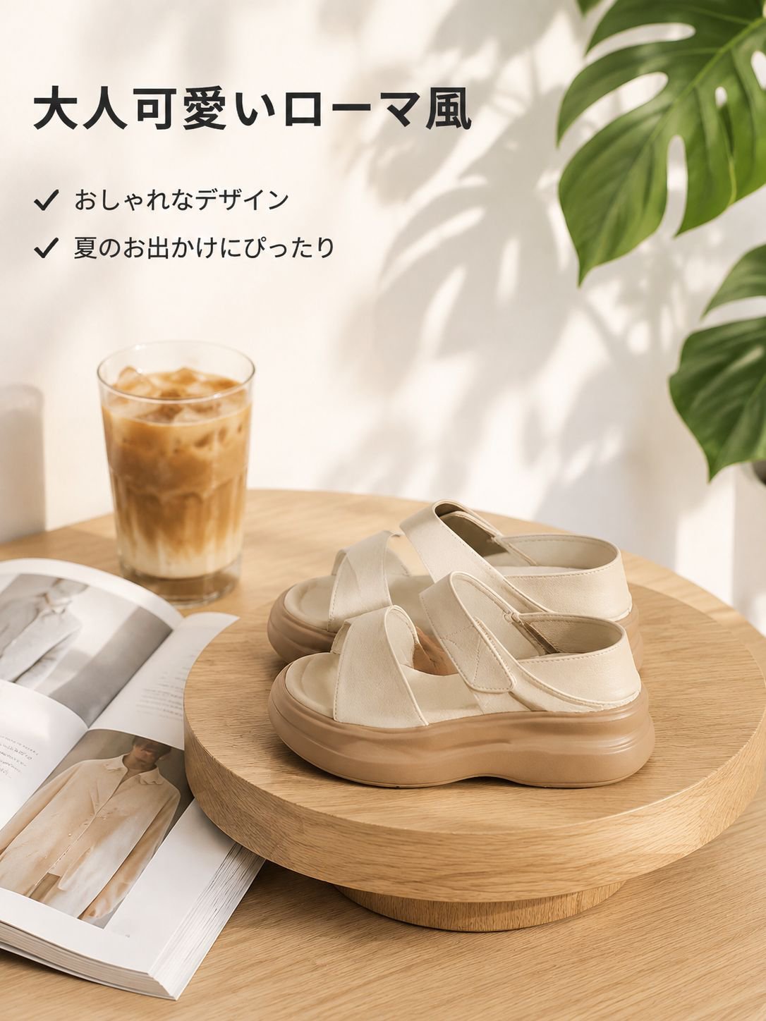 夏用レディースかかと付きマジックテープローマサンダル 外履き