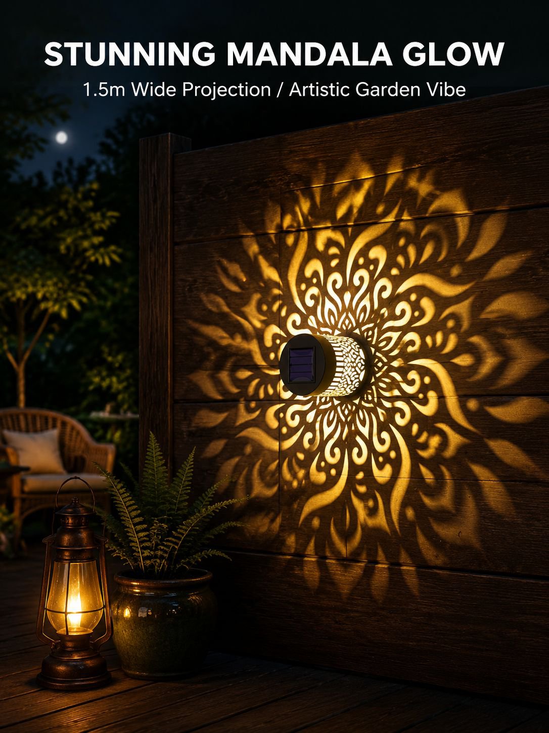 Solar-powered outdoor wall lamp, waterproof, focusing, mandala pattern, sensor-activated, courtyard 