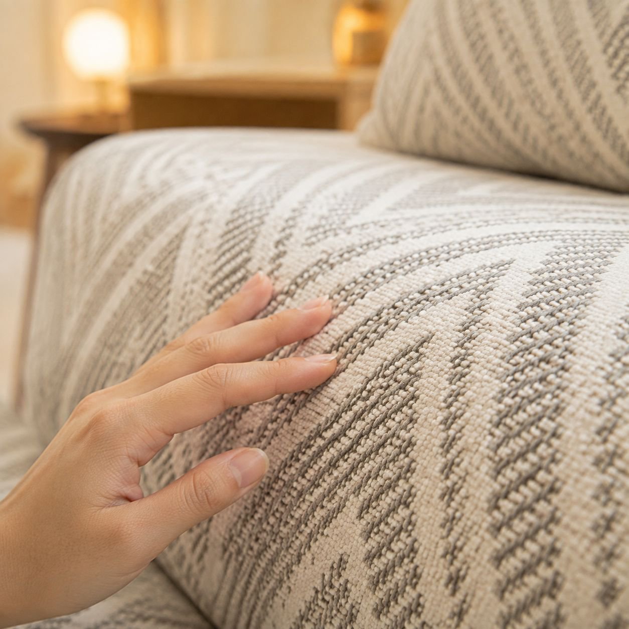 Non-slip sofa cover detail showing secure fit