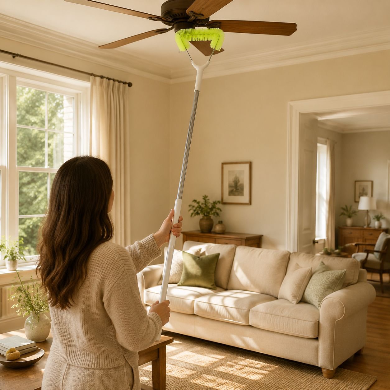 Soft Long-bristle Fan Cleaning Brush with Ergonomic Handle, Reusable