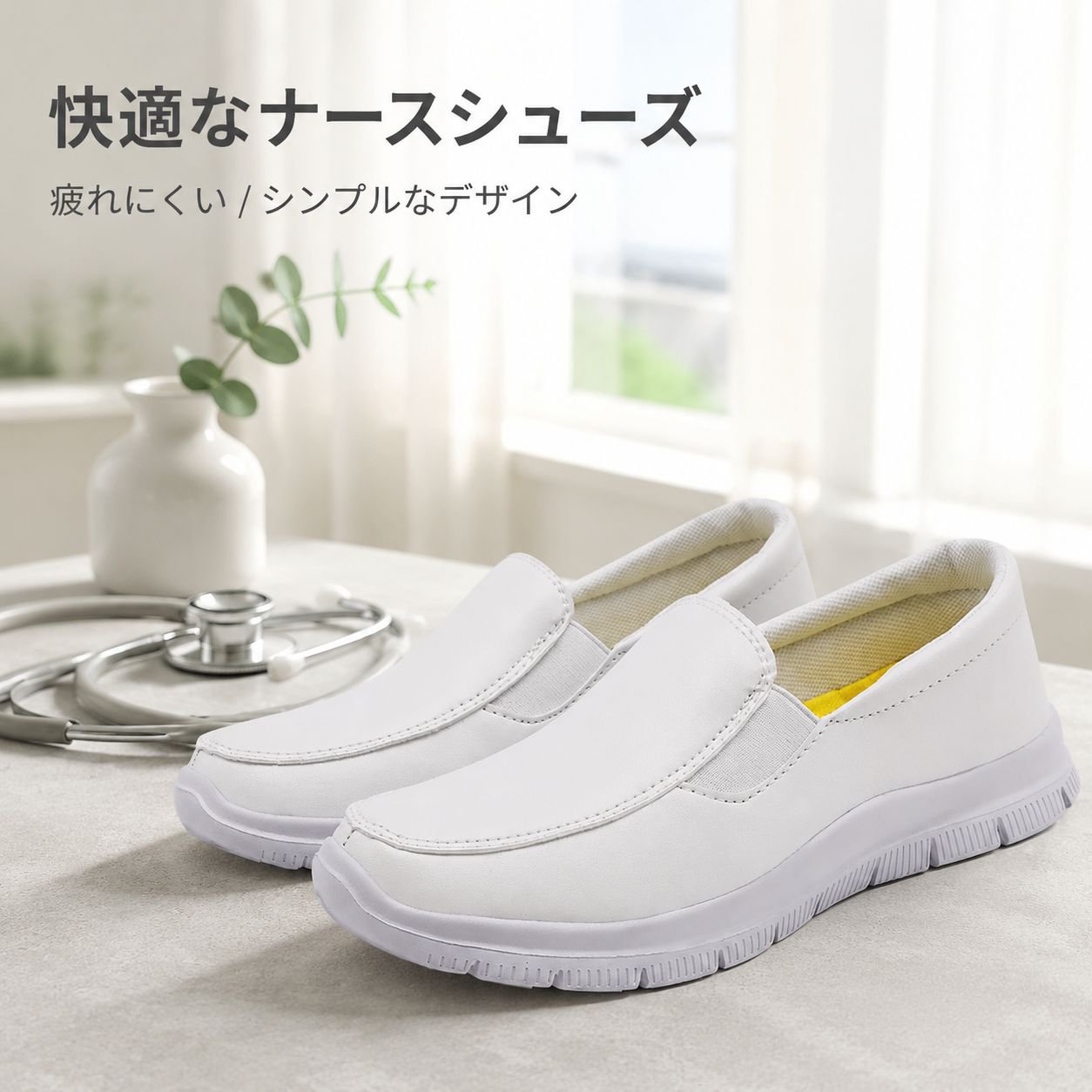 軽量フラットホワイトナーススニーカー レディース