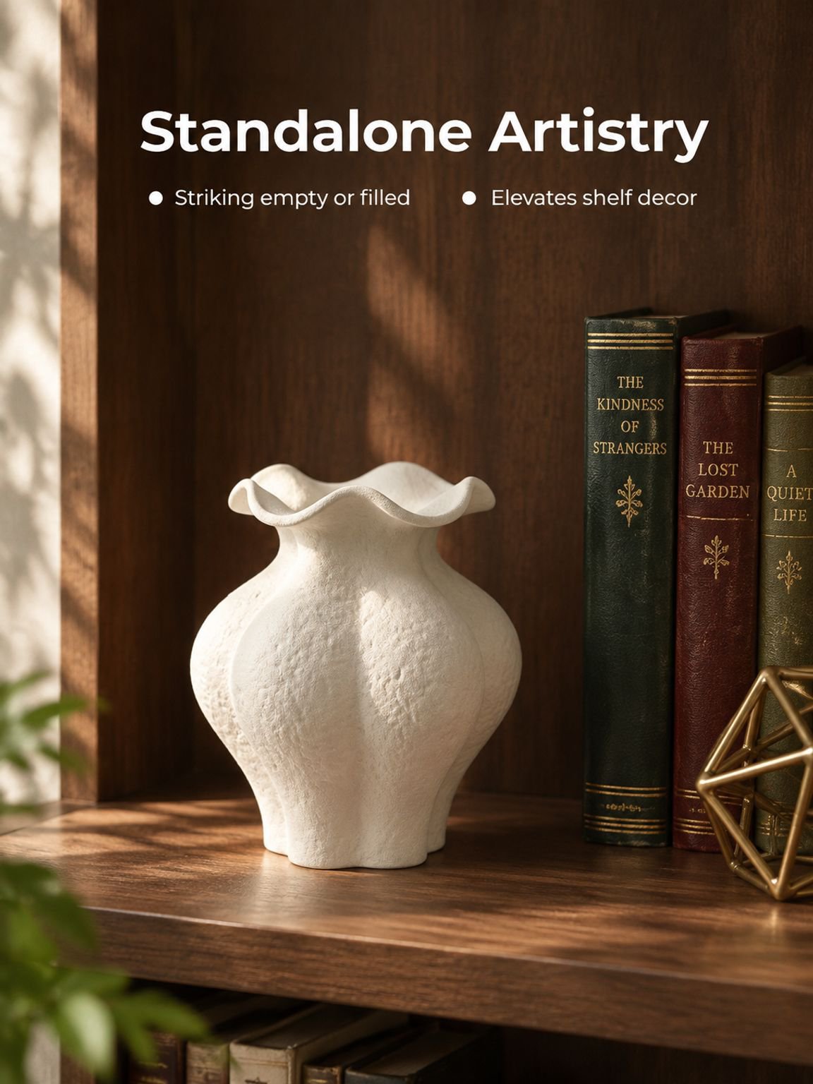 French Wabi-Sabi white flower vase styled with fluffy pampas grass in a sunlit room
