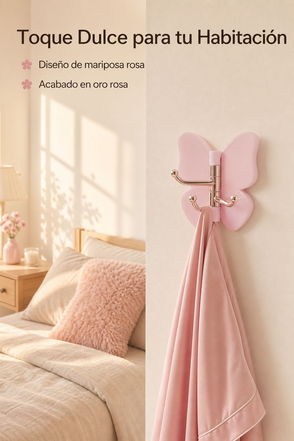 Gancho triple con mariposas giratorias en pared blanca