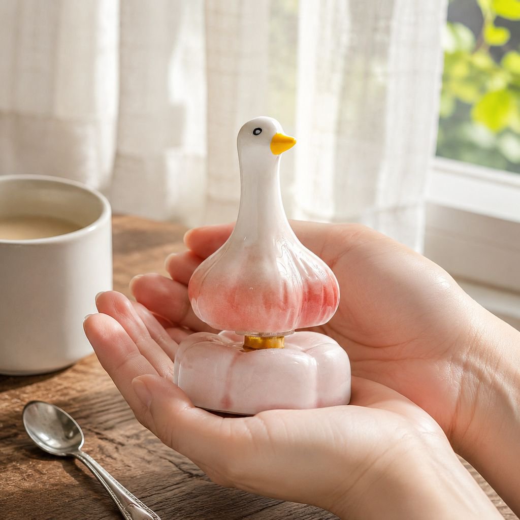 Ceramic Garlic Duck Rotating Ornament on office desk