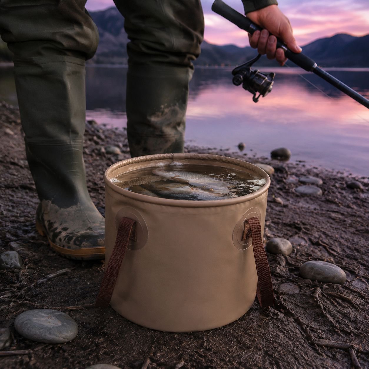 Handheld collapsible bucket being filled with water outdoors