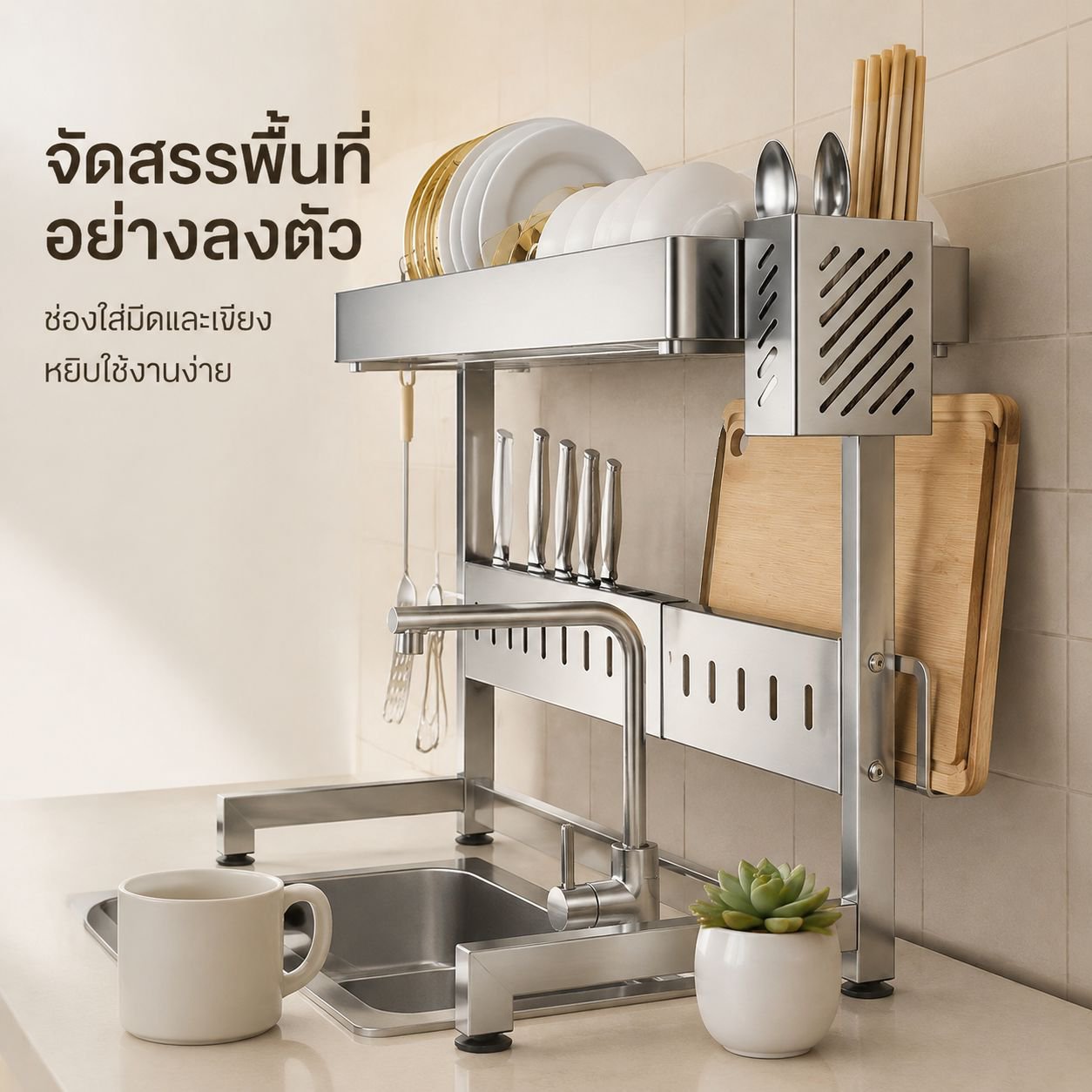 ที่วางจานแบบยืดหดได้ ทำจากสแตนเลส สำหรับอ่างล้างจานในครัว