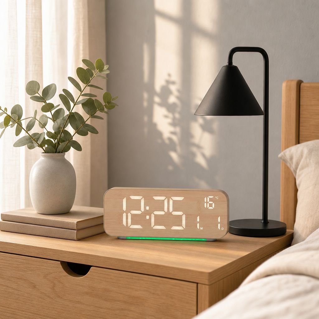 Stylish Nordic Woodgrain Fabric Table Clock with Large LED Display, Date and Day of the Week