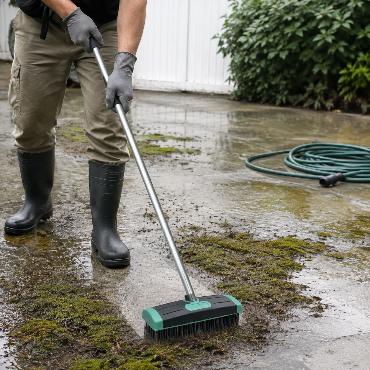 Cepillo de acero inoxidable para eliminar musgo – Limpieza profesional de patios