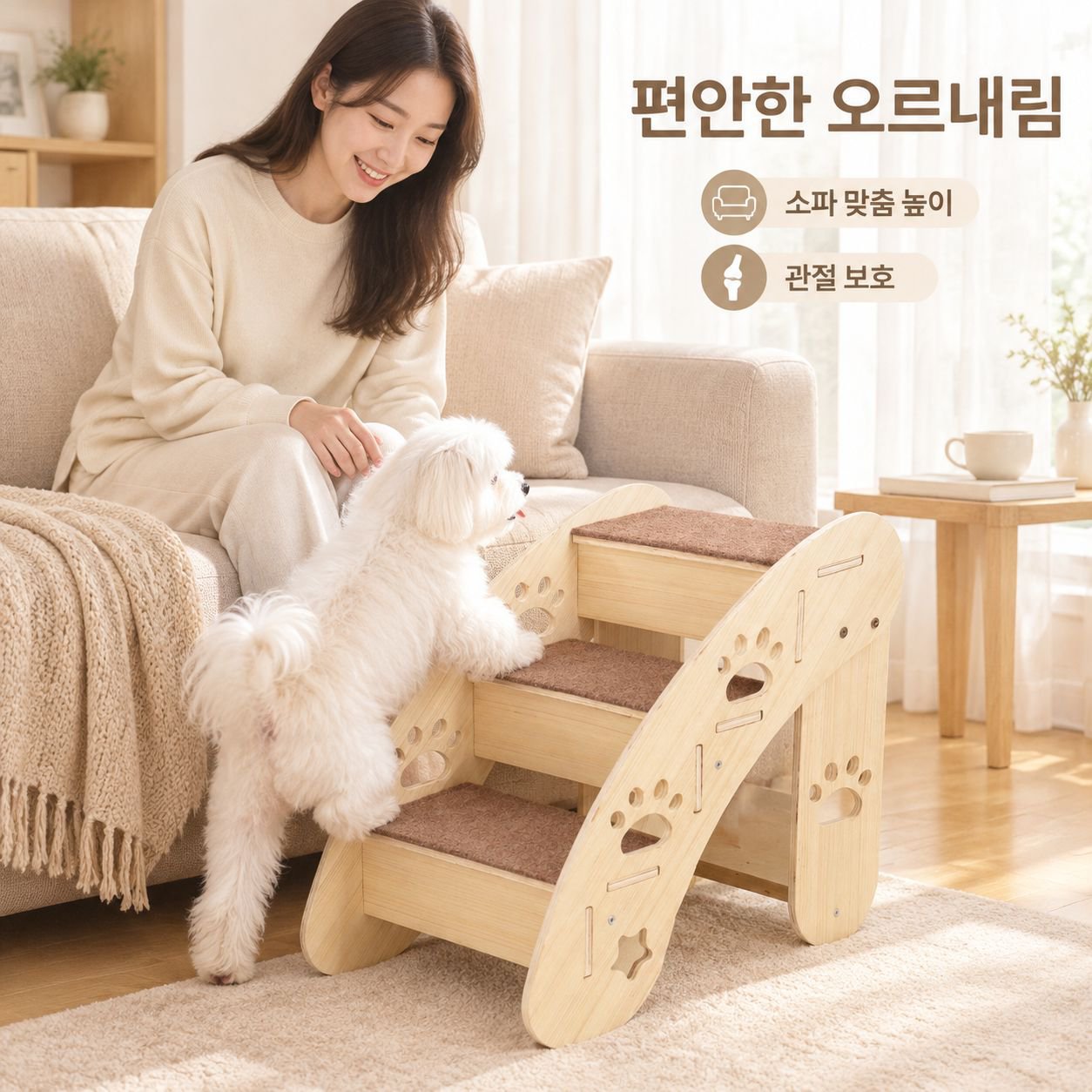 반려견의 침대 오르내리기를 돕는 원목 경사로/계단