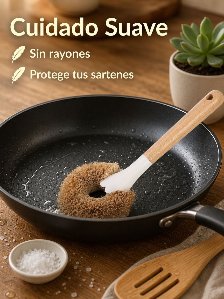 Cepillo de limpieza de mango largo de cáscara de coco natural, no daña utensilios
