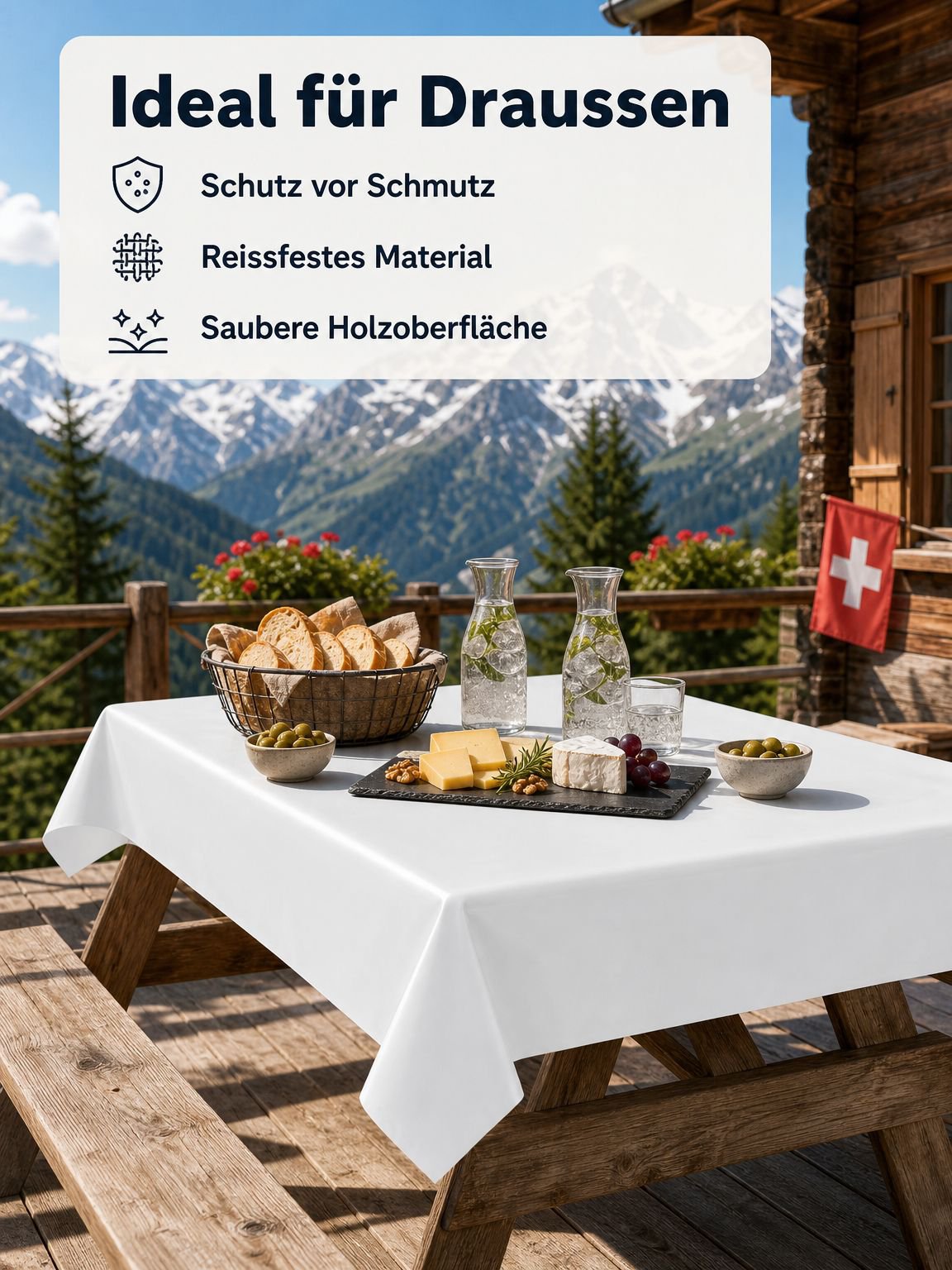 Wasserdichte Tischdecke schützt den Tisch vor Flüssigkeiten