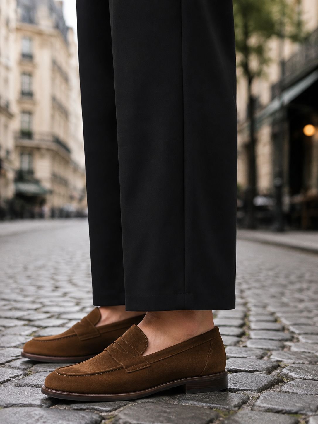 Modèle portant un pantalon large homme couleur unie