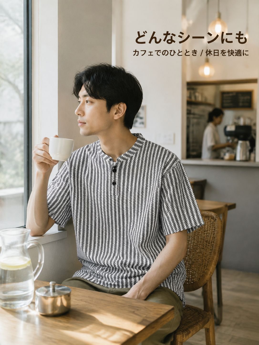 メンズ向け新作半袖Tシャツ。夏にぴったりのカジュアルなゆったりとした半袖、トレンド感のあるヘリンボーン柄のヘンリーネックトップス。
