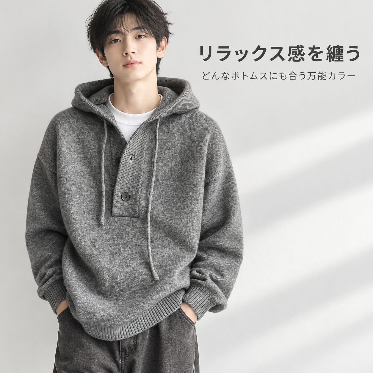 秋冬ゆったりルーズシルエットハーフボタンニット