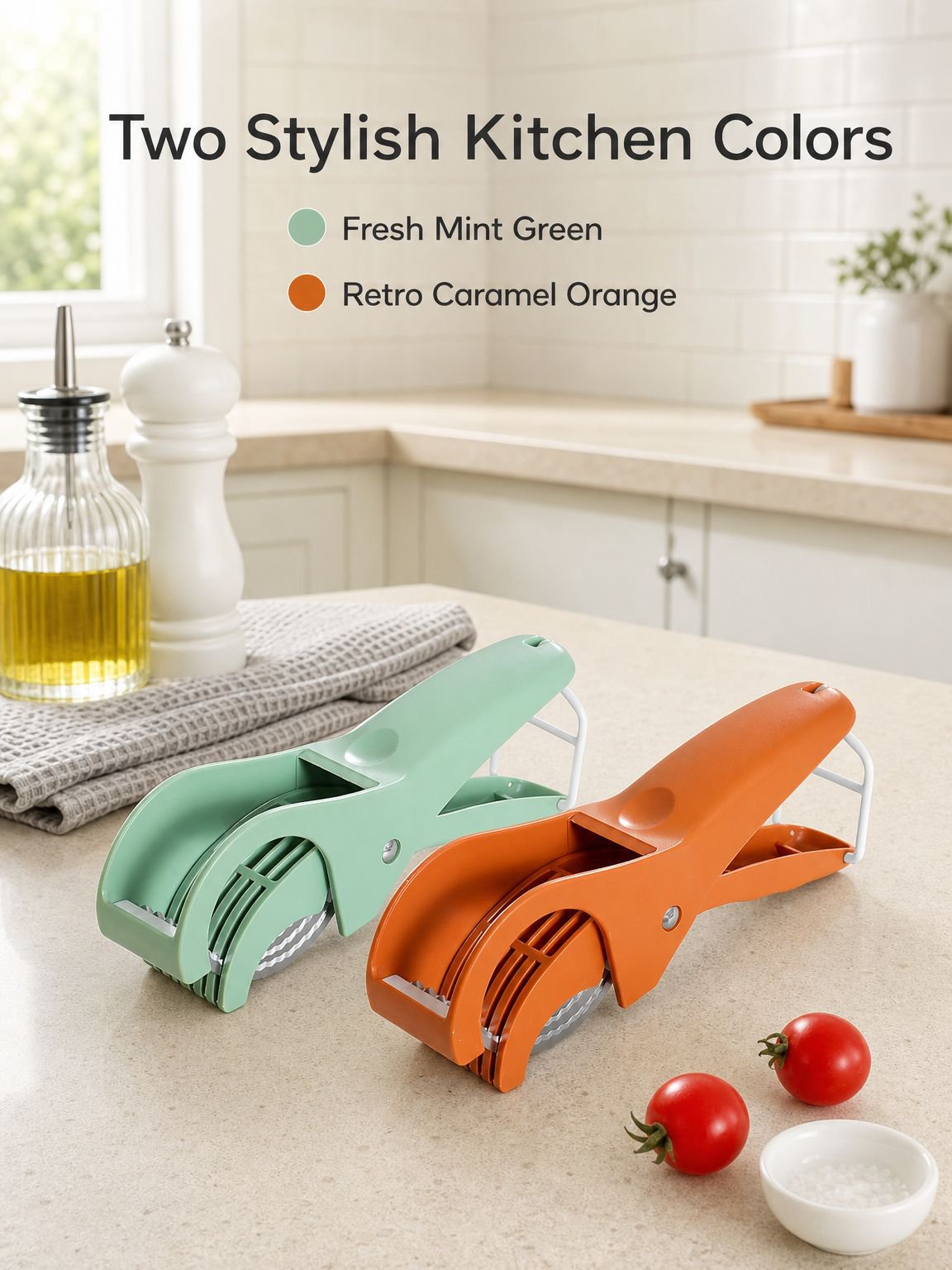 Stainless steel kitchen slicer shown with fresh produce
