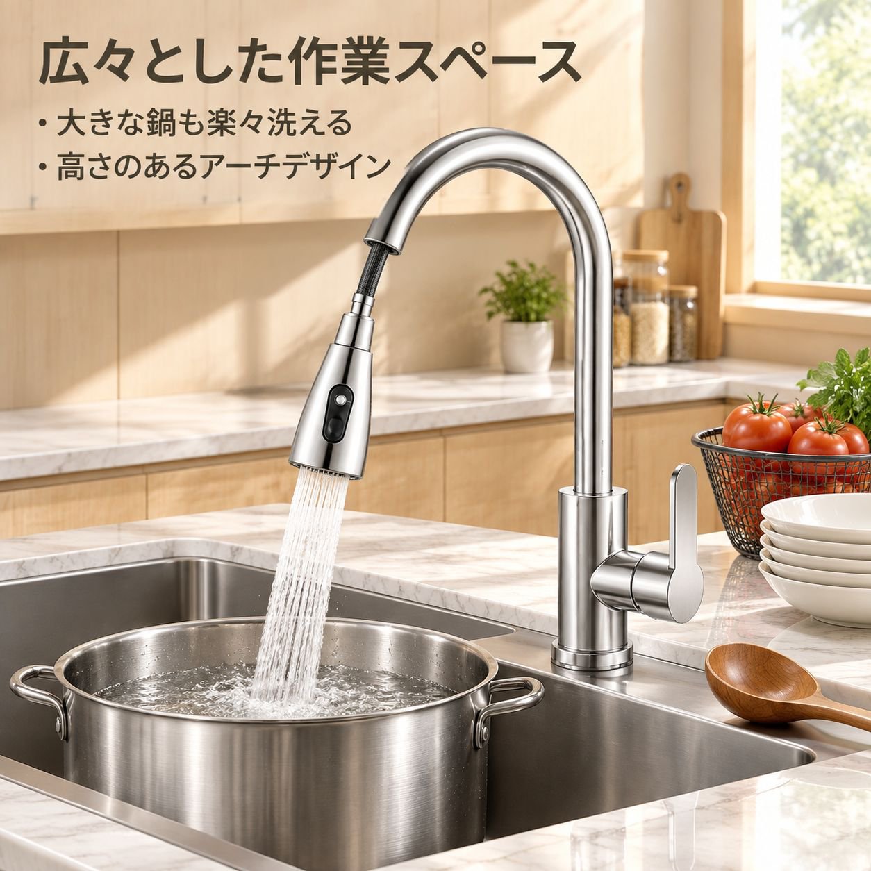 キッチン用引き出し式水栓、温水・冷水兼用、飛沫防止機能付き