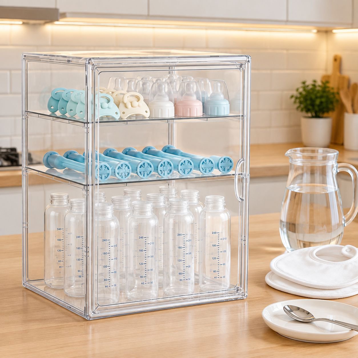 Baby bottle storage cabinet, dustproof transparent shelf