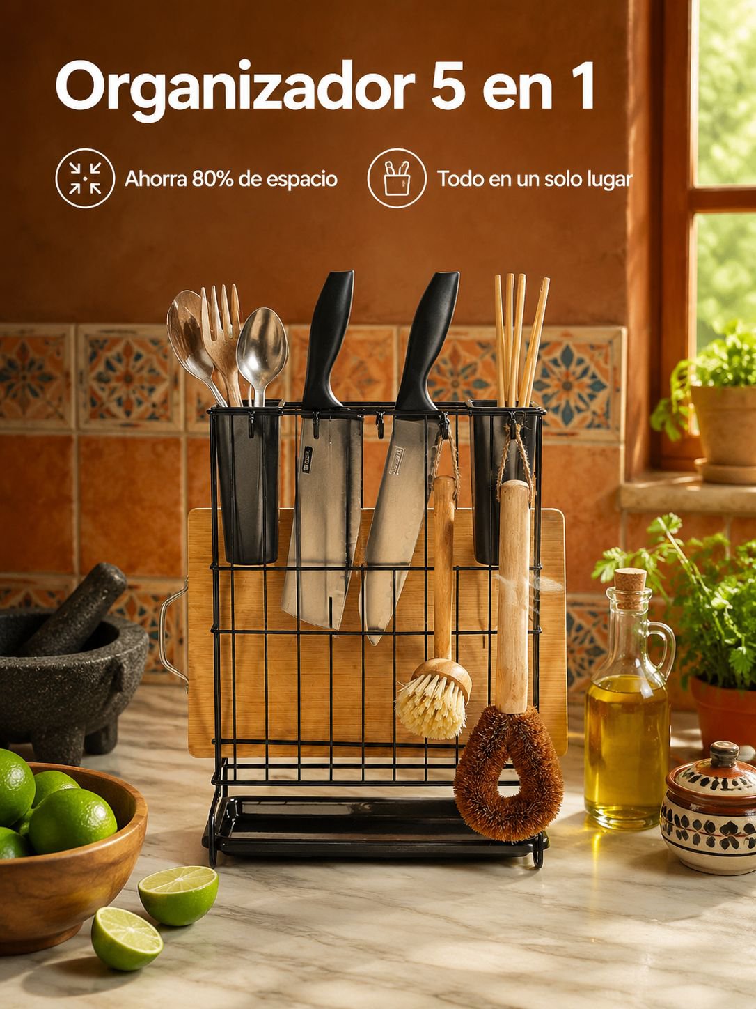 Soporte doméstico para cucharas con tabla de picar