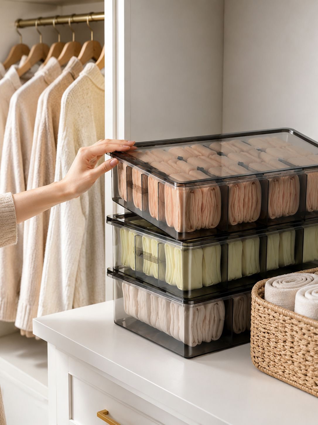 Tidy and organized clothes in a drawer storage box