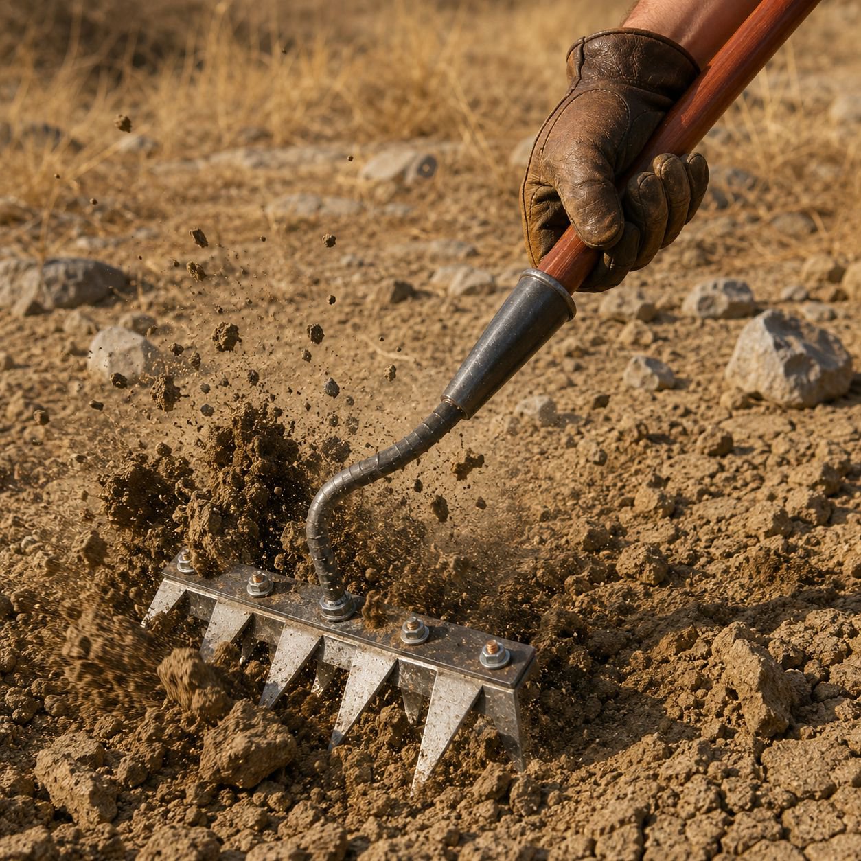 Weeding rake tool removing weeds from soil
