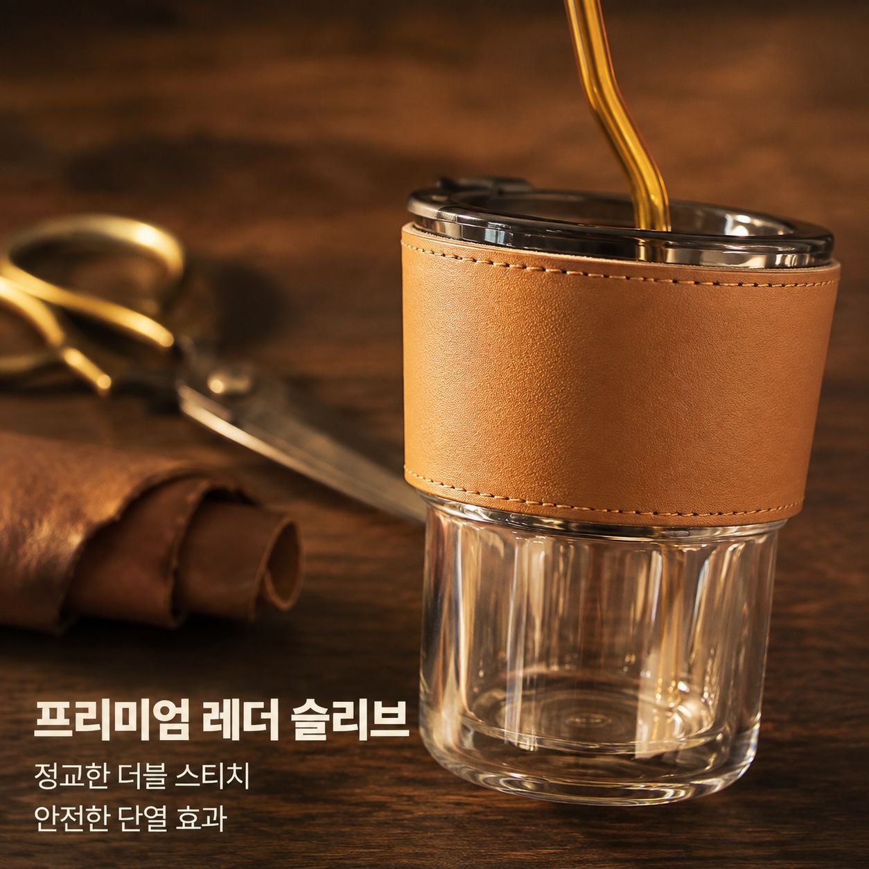 빨대와 뚜껑이 있는 대나무절 유리컵
