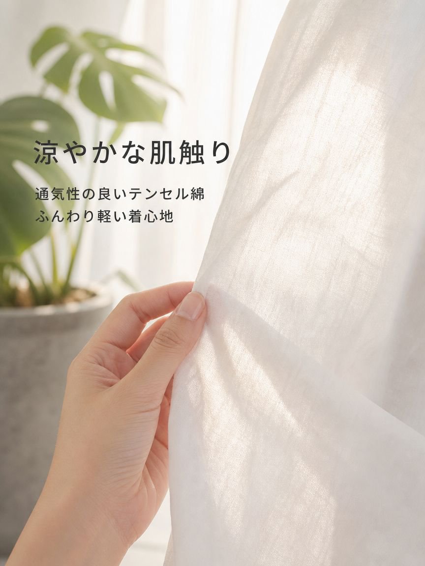 レディース薄手テンセルコットンシャツ、サマースタイル、小さめの襟、ややゆったりとしたデザイン、長袖、カジュアルアウター、日焼け防止シャツ、ホワイト