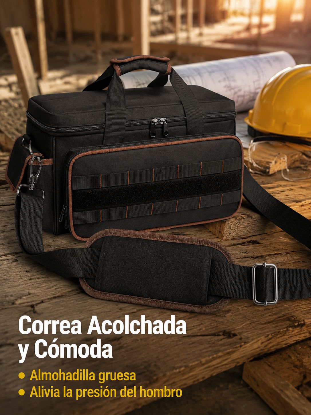 Vista frontal de la bolsa organizadora de herramientas de gran capacidad