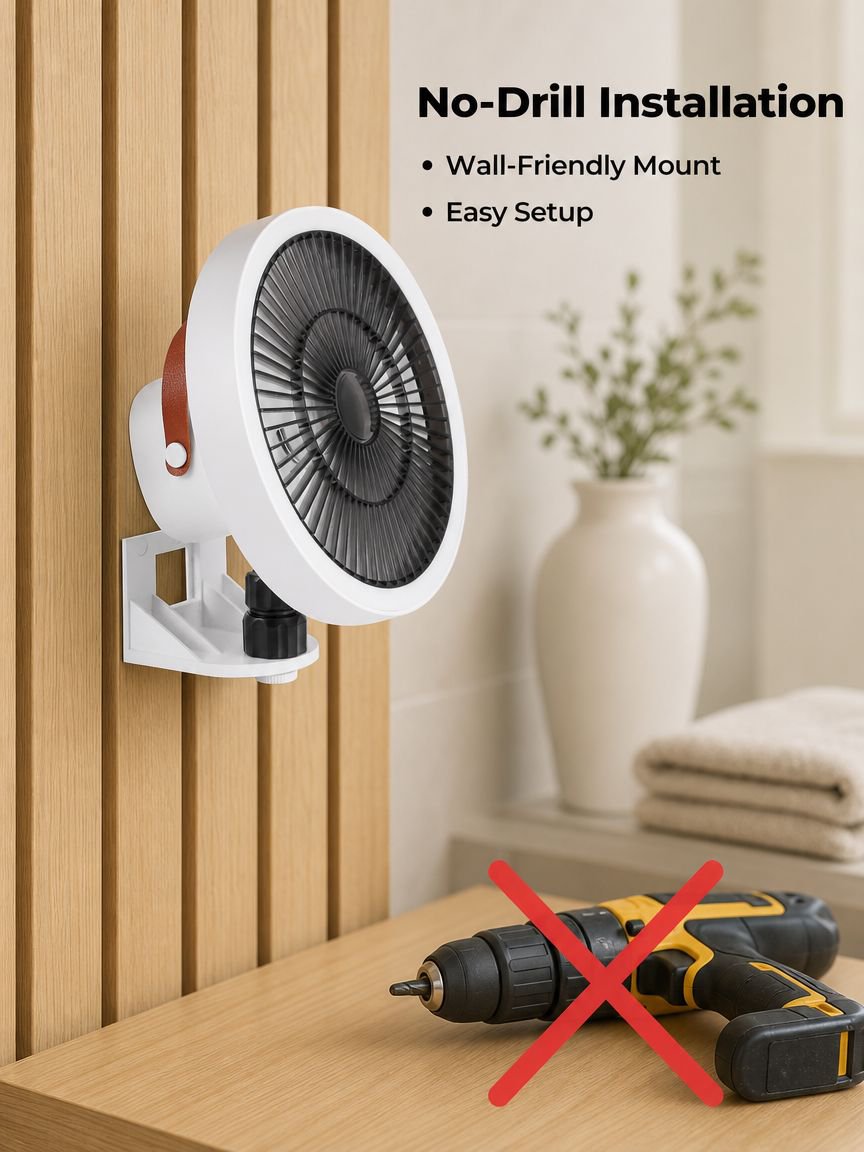 Wall Mounted Fan No-Drill with LED Light 3-in-1 Remote Wireless Auto Oscillation