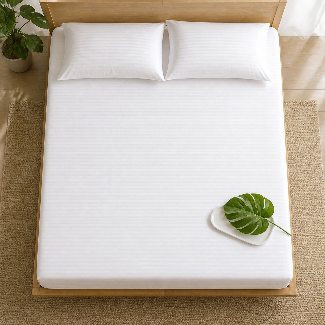 Closeup of silky smooth 1800TC white flat bed sheet