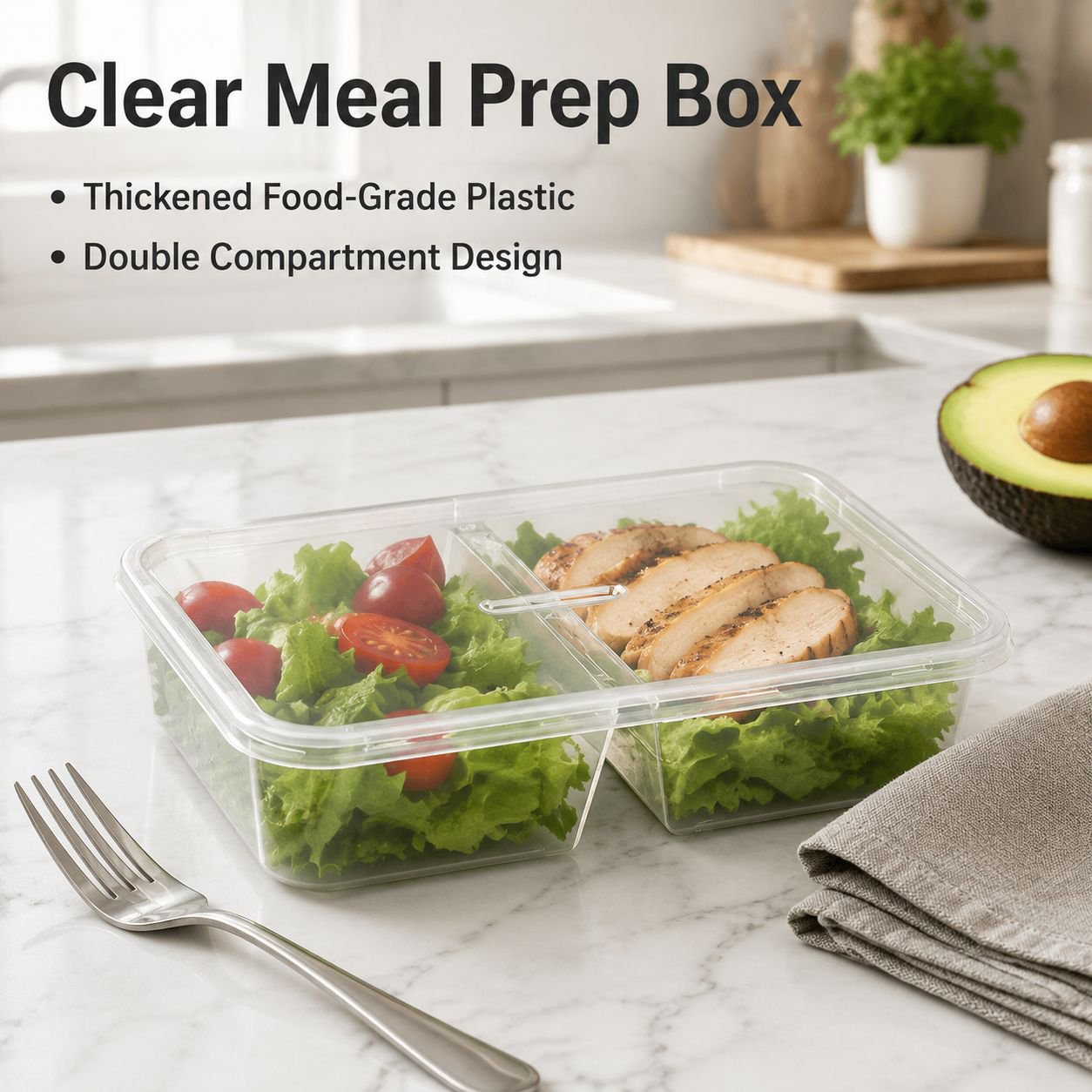 Disposable rectangular transparent compartmentalized lunch box