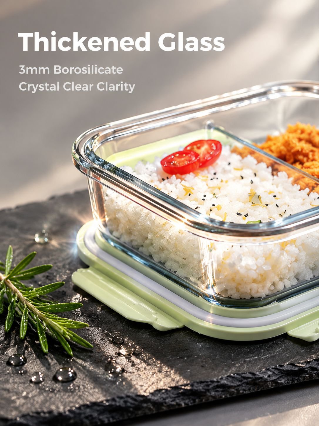 Glass meal prep container featuring multiple food compartments