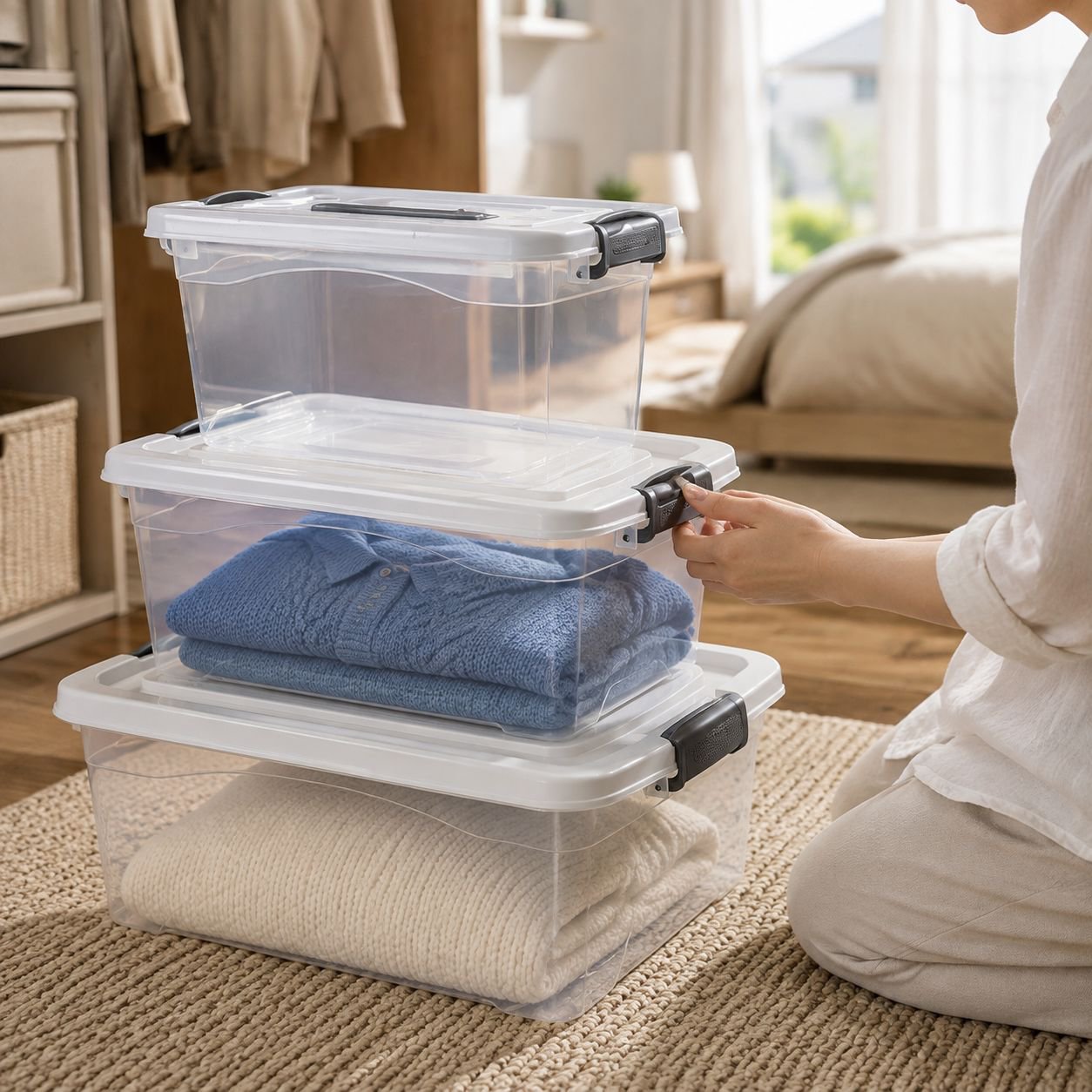 Transparent plastic storage organizer bag with lid open
