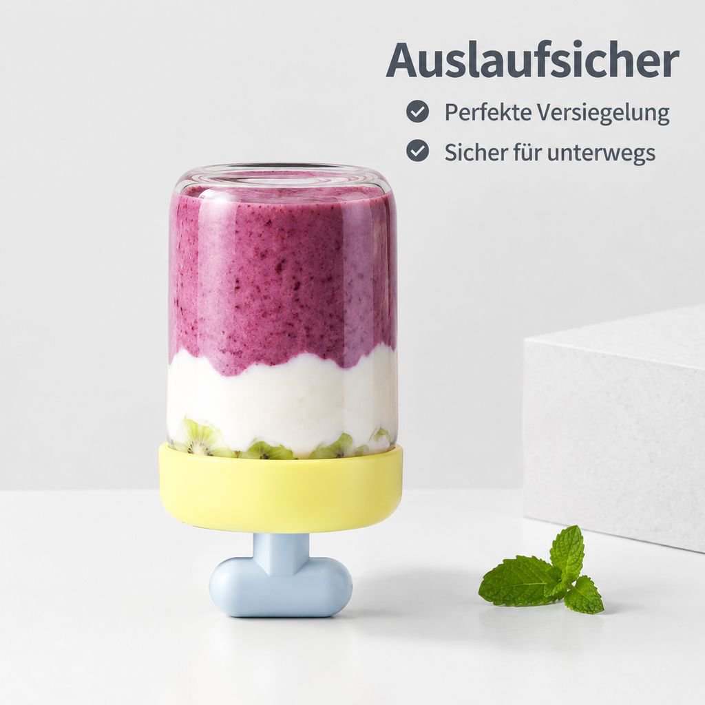 Tragbarer, auslaufsicherer Frühstücksbecher mit Deckel, Löffel und Fächern (für Joghurt/Haferbrei)