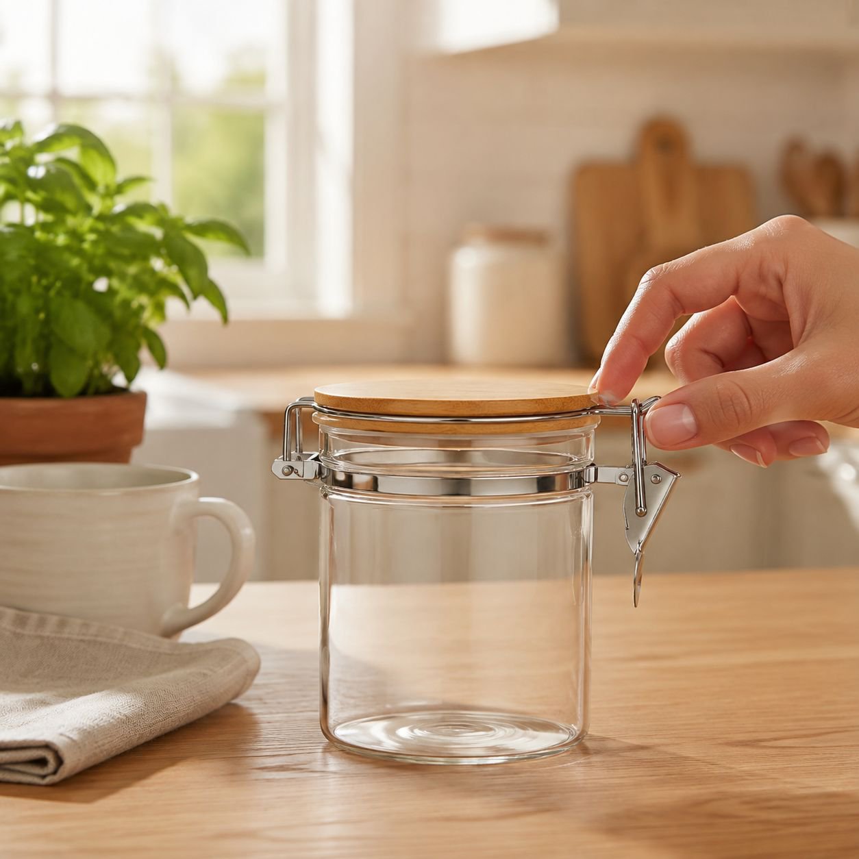 Large glass cereal storage jar with lid on kitchen counter