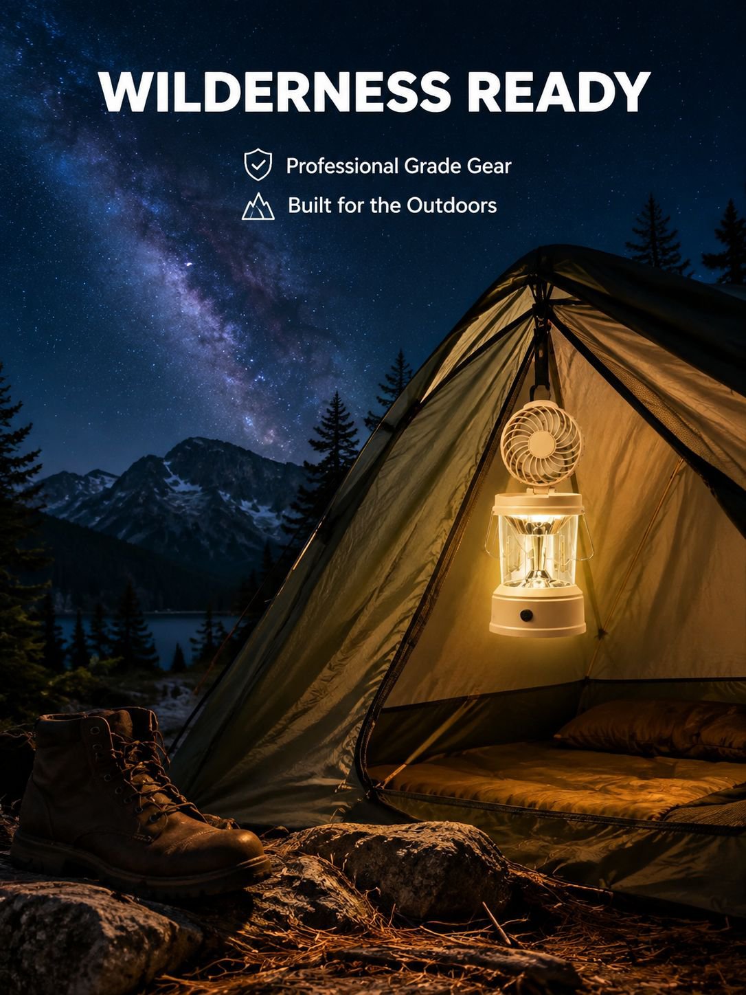 Portable high-intensity folding tent light fan in use inside a camping tent