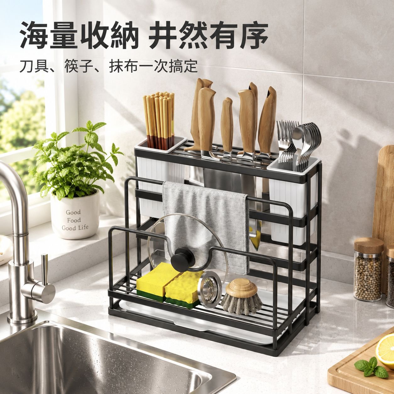 廚房一體刀具置物架多功能收納台 家用筷子筒鍋蓋抹布架