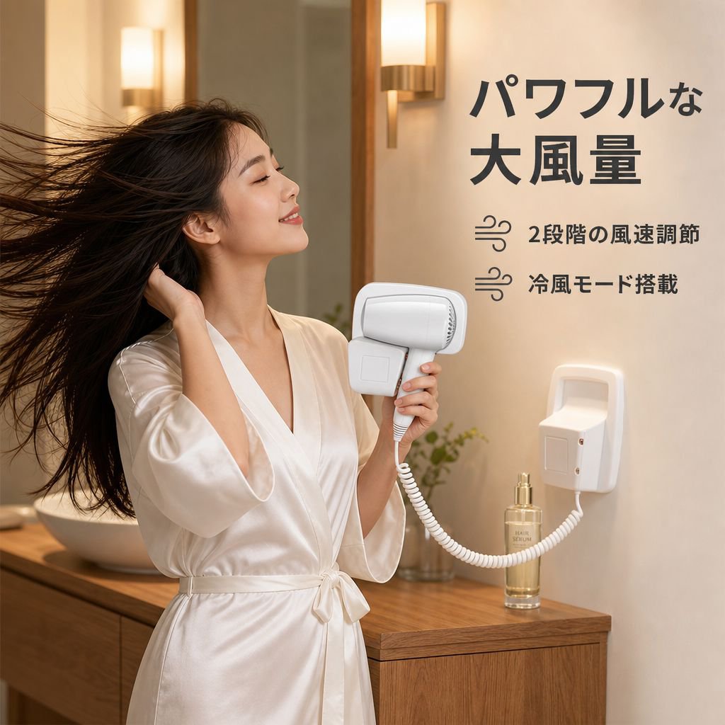 穴あけ不要設置 壁掛け式 大出力ヘアドライヤー