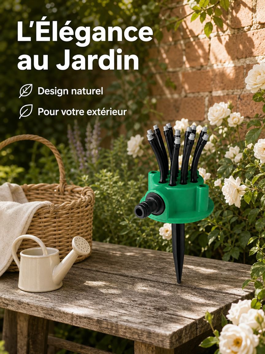 Arroseur multifonction à plusieurs têtes en utilisation dans un jardin